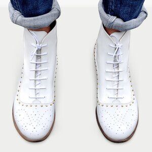 Women's White Leather Boots, Lace-up Ankle Boots with studs, EU 37 & 42